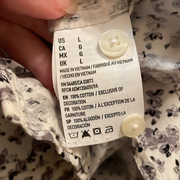 AEO L white purple floral casual button down t-shirt long sleeve summer classic - Picture 8 of 8